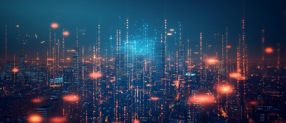 Futuristic city skyline, digital data streams, glowing lights, night