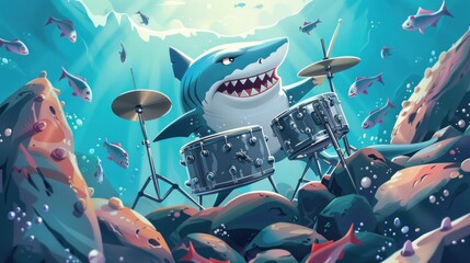 A friendly shark is playing drums under the ocean
