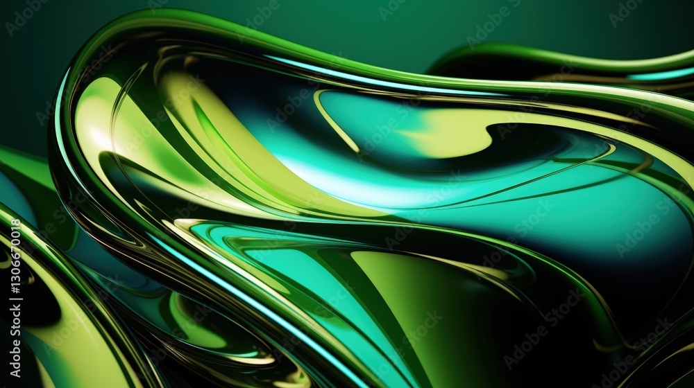 Poster abstract 3d render of fluid green shapes with smooth curves and glossy surface texture ideal for bac