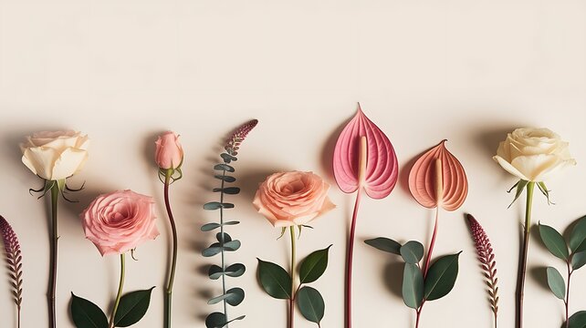 Beautiful flowers roses eringium anthurium flower eucalyptus on white background flat lay top view lifestyle composition