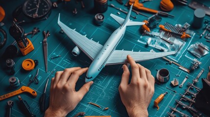 Hands Assembling Model Airplane with Tools on Workshop Table Surrounded by Workshop Equipment and Supplies