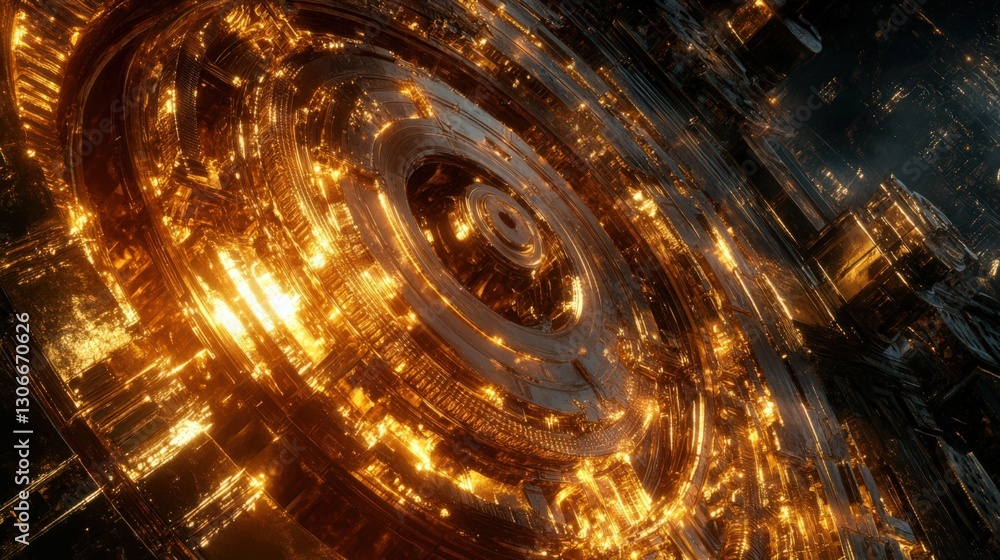Poster abstract metallic structure with complex geometric shapes glowing in golden light