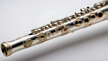 Fototapeta premium Ornate silver flute close-up with detailed engraving on a soft background
