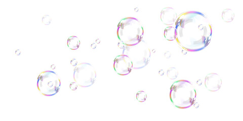 A cluster of realistic, colorful soap bubbles floats gently, showcasing light refractions and reflections. The smooth, transparent spheres create an airy, delicate aesthetic.