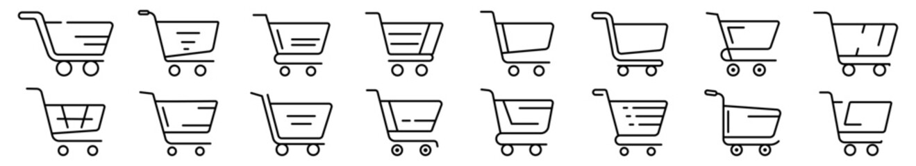 Shopping cart icon. Editable stroke. Set of black linear shopping basket icons. Shopping cart symbol. Vector illustration © chekman