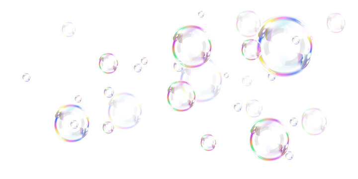 A cluster of realistic, colorful soap bubbles floats gently, showcasing light refractions and reflections. The smooth, transparent spheres create an airy, delicate aesthetic.