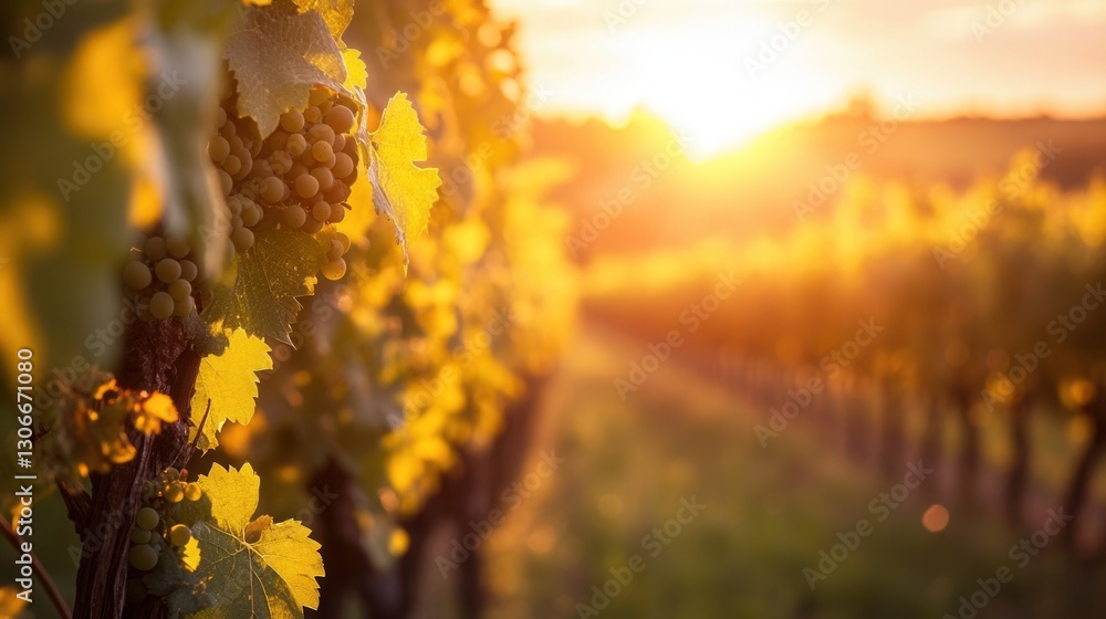 Poster grapevines bathed in golden sunlight at sunset in a vineyard during late summer generative ai