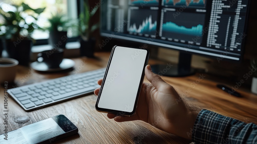 Poster a man holds a smartphone with a blank screen while working at a desk with financial charts on monito