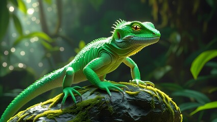 Fototapeta premium A green lizard perched on a moss-covered rock