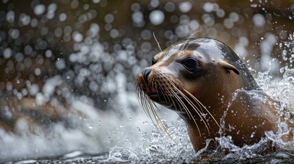Fototapeta premium A sea lion emerges from water showing a wet sleek appearance