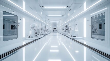 Naklejka premium Futuristic lab corridor; sterile, cleanroom; research; technology