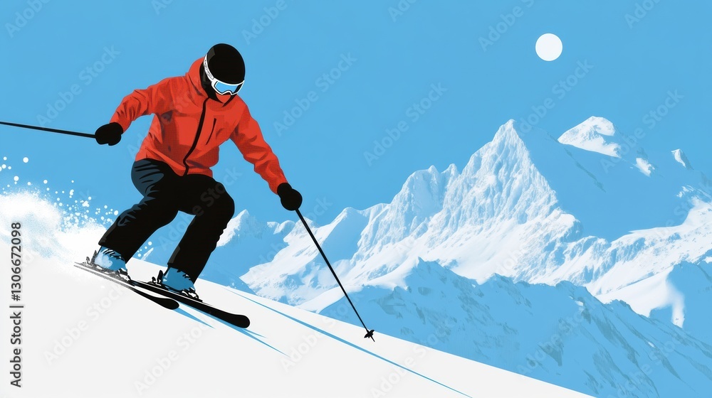 Poster skier navigates snowy slopes under a clear sky with majestic mountain backdrop generative ai