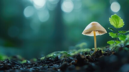Fototapeta premium A delicate mushroom is illuminated in a beautiful forest scene