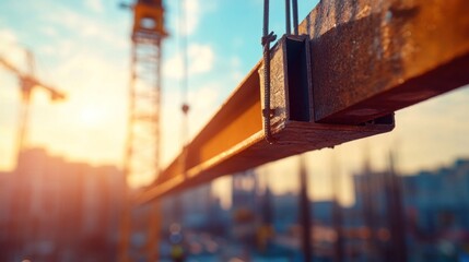 A blurred backdrop of a construction crane lifting steel girders into place