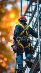 A blurred background of a worker walking on scaffolding with safety gear