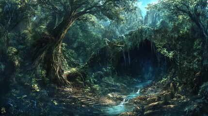 Dense jungle scene where trees and soil collaborate