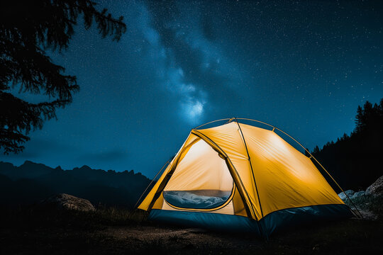 Camping tent at night under a milky way sky full of stars - Powered by Adobe