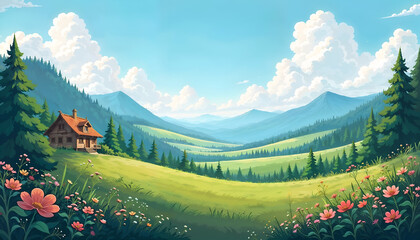 Serene mountain landscape with a cozy cabin. 