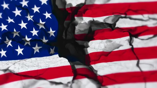 A digitally manipulated image of a cracked and damaged American flag, representing political division, national crisis, social unrest, and instability.  
