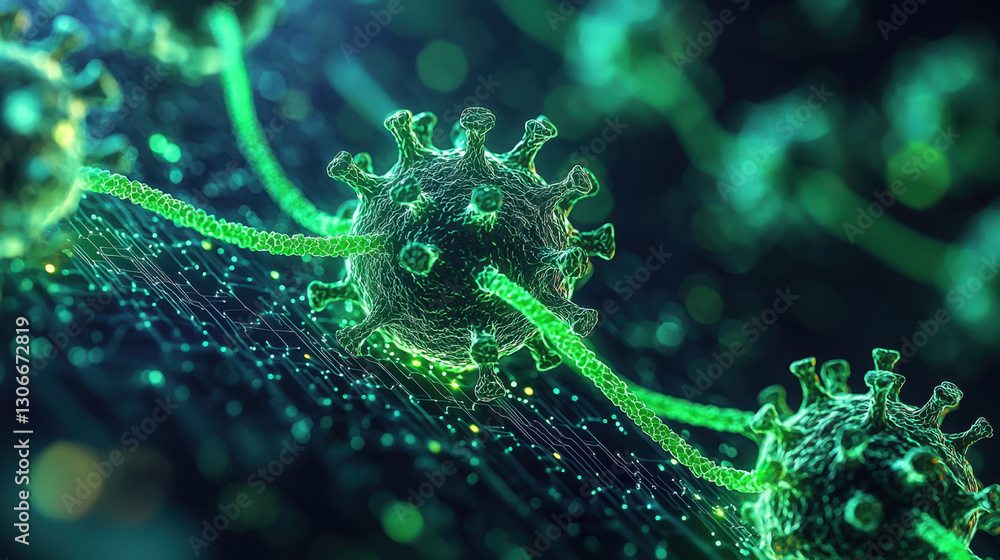 Poster digital illustration of virus structure with glowing green strands, representing cybersecurity threa