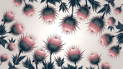 Floral pattern made of thistle with pink and purple flowers green leaves branches and thorns on white background flat lay top view valentine s background isolated