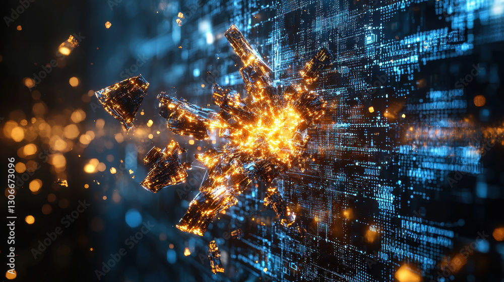 Aufkleber digital explosion of glowing particles and data fragments represents cybersecurity threat. image fea