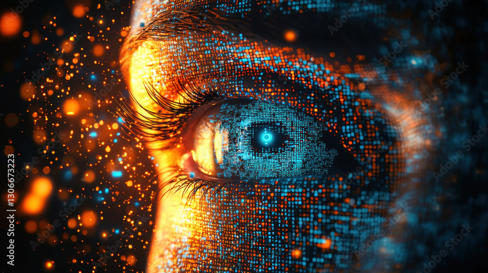 Poster digital eye surrounded by glowing particles symbolizes cybersecurity and data protection. intricate 