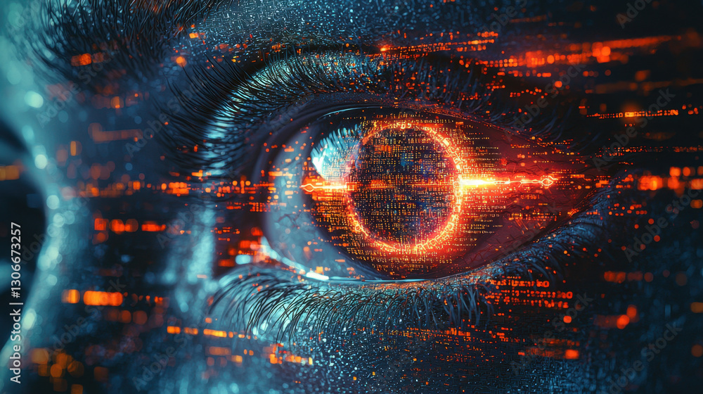 Poster close up of human eye with digital elements and glowing circuits, symbolizing cybersecurity and tech