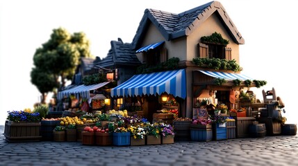 Fototapeta premium Charming Village Market: A 3D Render of a quaint European-style marketplace brimming with fresh produce and flowers, bathed in the warm glow of morning sunlight.