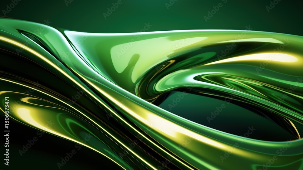 Poster abstract 3d render of fluid green waves showcasing smooth curves and shiny surfaces in a dynamic com