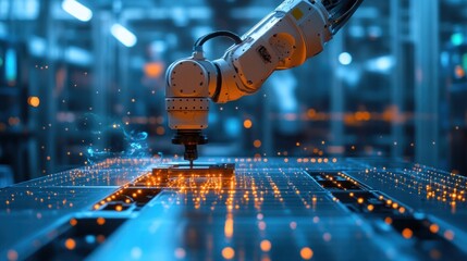 A detailed close-up of a robotic arm assembling construction components on-site