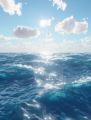 A serene ocean view with waves reflecting sunlight under a bright sky.