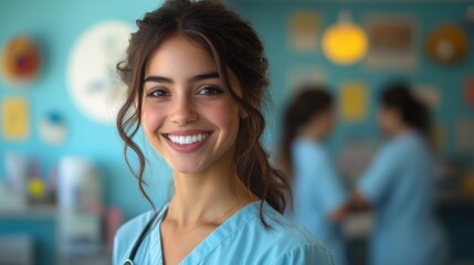 Fototapeta premium a nurse in scrubs smiles warmly in a brightly decorated pediatric clinic with colleagues working in the background the setting is welcoming and professional ideal for healthcare concepts