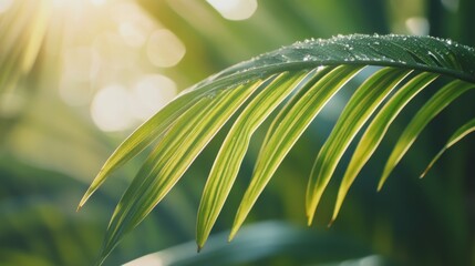 Detailed closeup of a green leaf with sunlight glistening