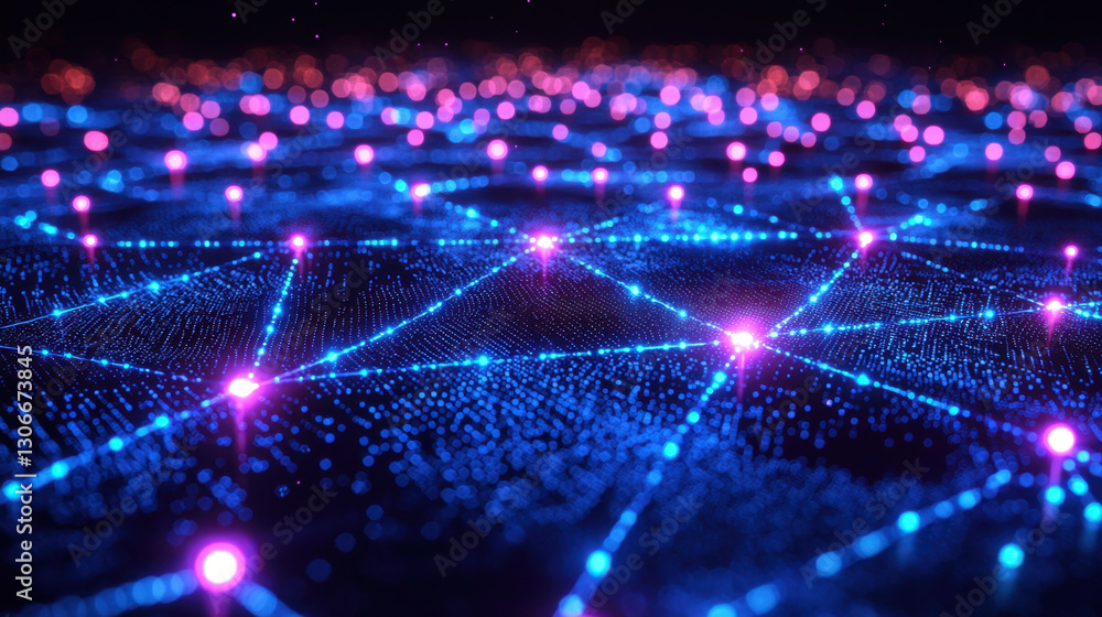 Poster futuristic digital network with glowing blue and pink nodes connected by lines, representing blockch