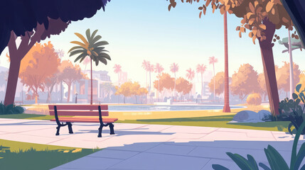A serene park scene with a bench overlooking a pond and palm trees in a colorful setting.