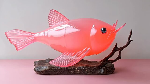 Bright pink fish sculpture on a dark base displayed against a pastel background in a well-lit art space