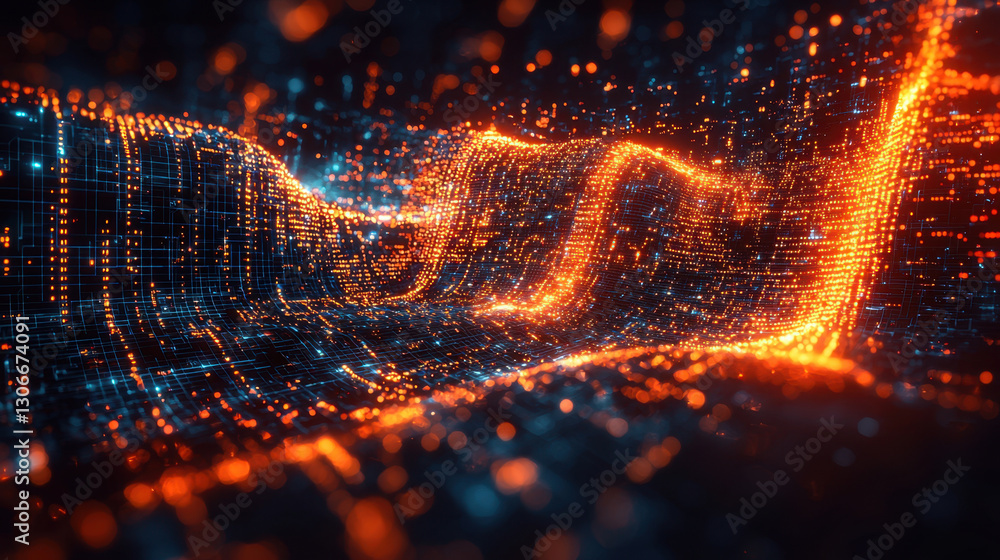 Poster dynamic digital landscape with glowing orange and blue lights forms abstract cybernetic network, ill