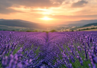 lavender fields stretching to the horizon, highlighting the blooming purple flowers under the golden sunlight