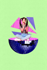 Vertical artwork trend collage of shocked girl sit half disco ball weekend relax party hold phone wonder entertainment club