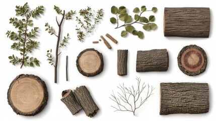 Detailed wood logs with bark, tree branches,