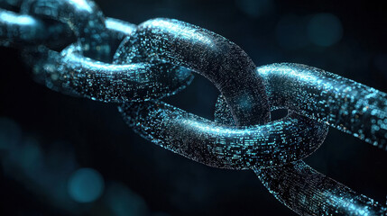 close up of digital blockchain network, showcasing interconnected chains with glowing data patterns, symbolizing secure and innovative technology