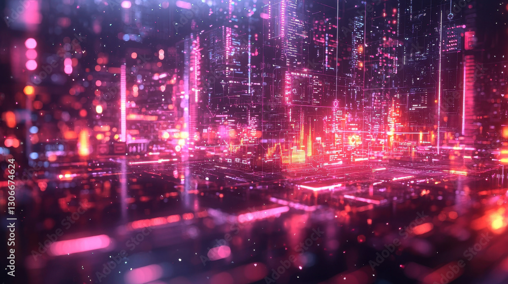 Poster futuristic digital cityscape with glowing neon lights and holographic elements. vibrant colors and i