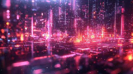 Fototapeta premium Futuristic digital cityscape with glowing neon lights and holographic elements. vibrant colors and intricate network patterns create sense of advanced technology and innovation