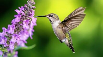 Fototapeta premium Hummingbird Feeding on Purple Flower in Vibrant Natural Setting