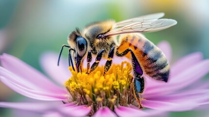 A honeybee meticulously pollinating the center of a vibrant pink flower