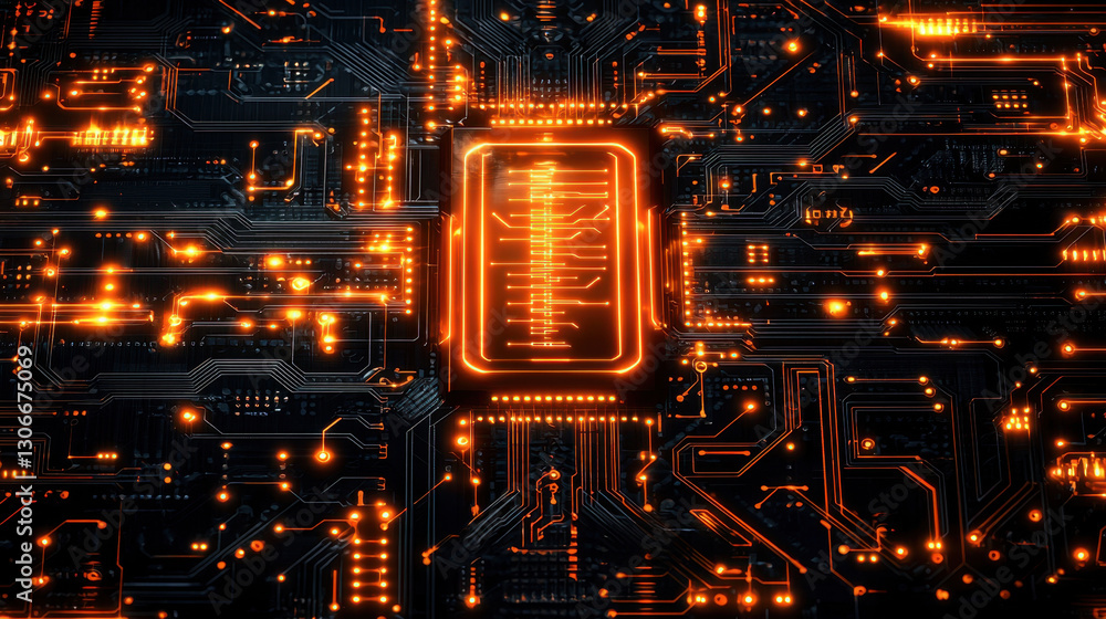 Poster glowing circuit board with intricate patterns and bright orange lights creates futuristic and techno