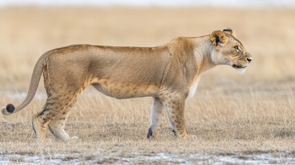 Naklejka premium Majestic Lioness Walking Gracefully Across Golden Grassland