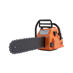 Orange Chainsaw with Black Guide Bar and Control Mechanisms