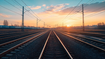 A serene sunset view along railway tracks stretching into the horizon.